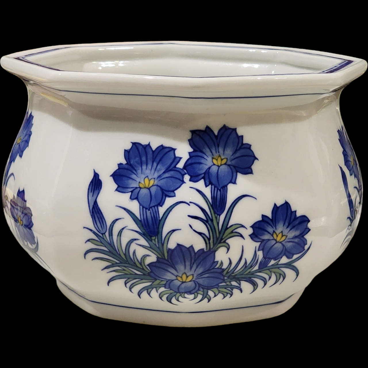 Vintage Octagon Blue White Cache Large Floral Planter
