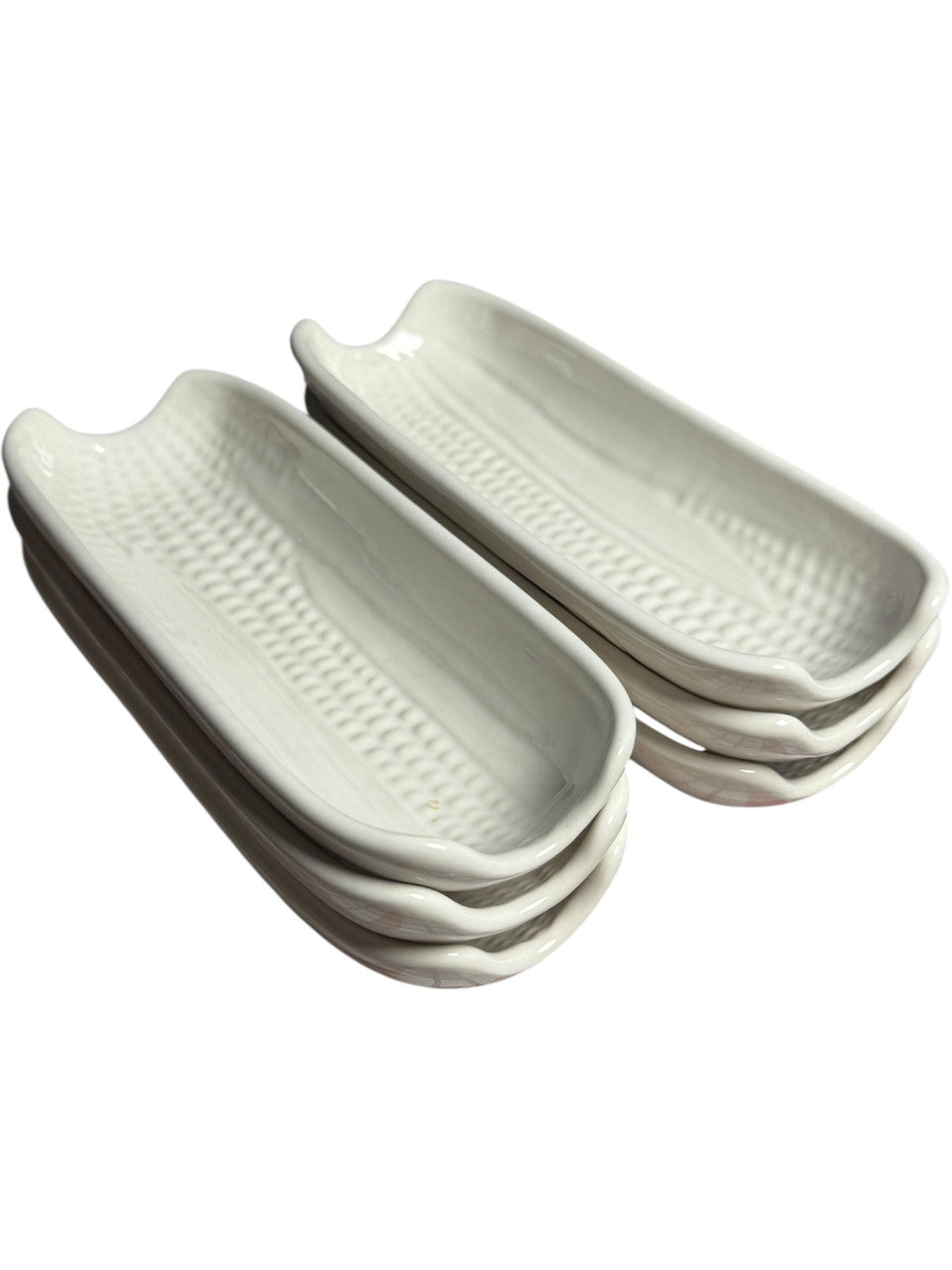 Vintage Pfaltzgraff Corn on the Cob Dishes  Set of 6 Ceramic Corn Trays, White Embossed Farmhouse Serveware