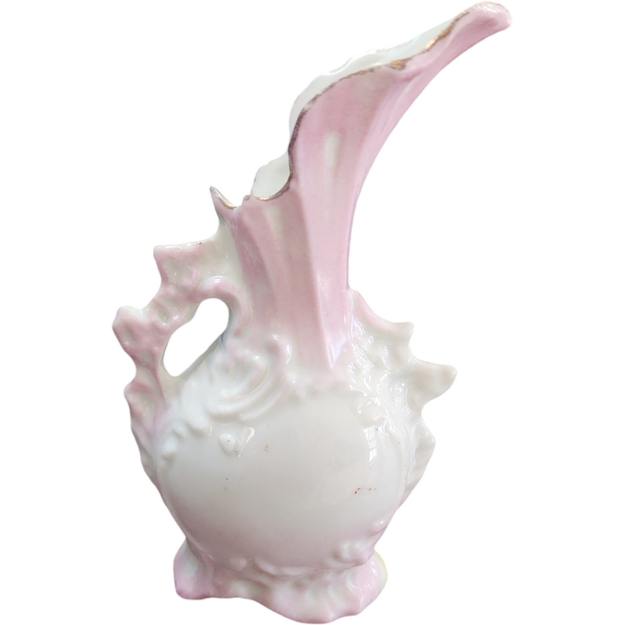 Vintage Pink Porcelain Ornate Pitcher Style Bud Vase with Floral Design