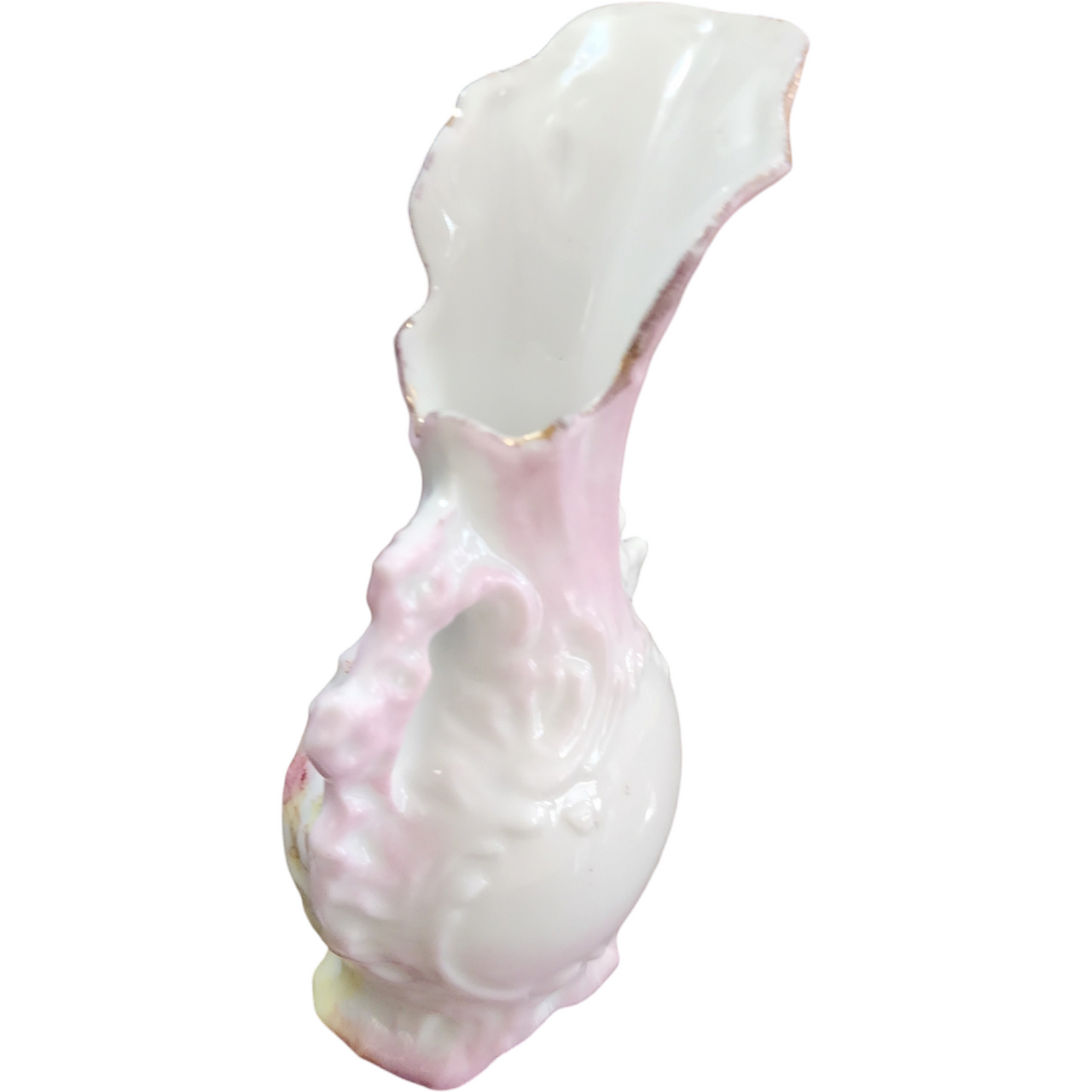 Vintage Pink Porcelain Ornate Pitcher Style Bud Vase with Floral Design