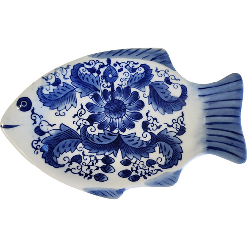 Vintage Porcelain Blue and White Fish Shaped Platter Made In China