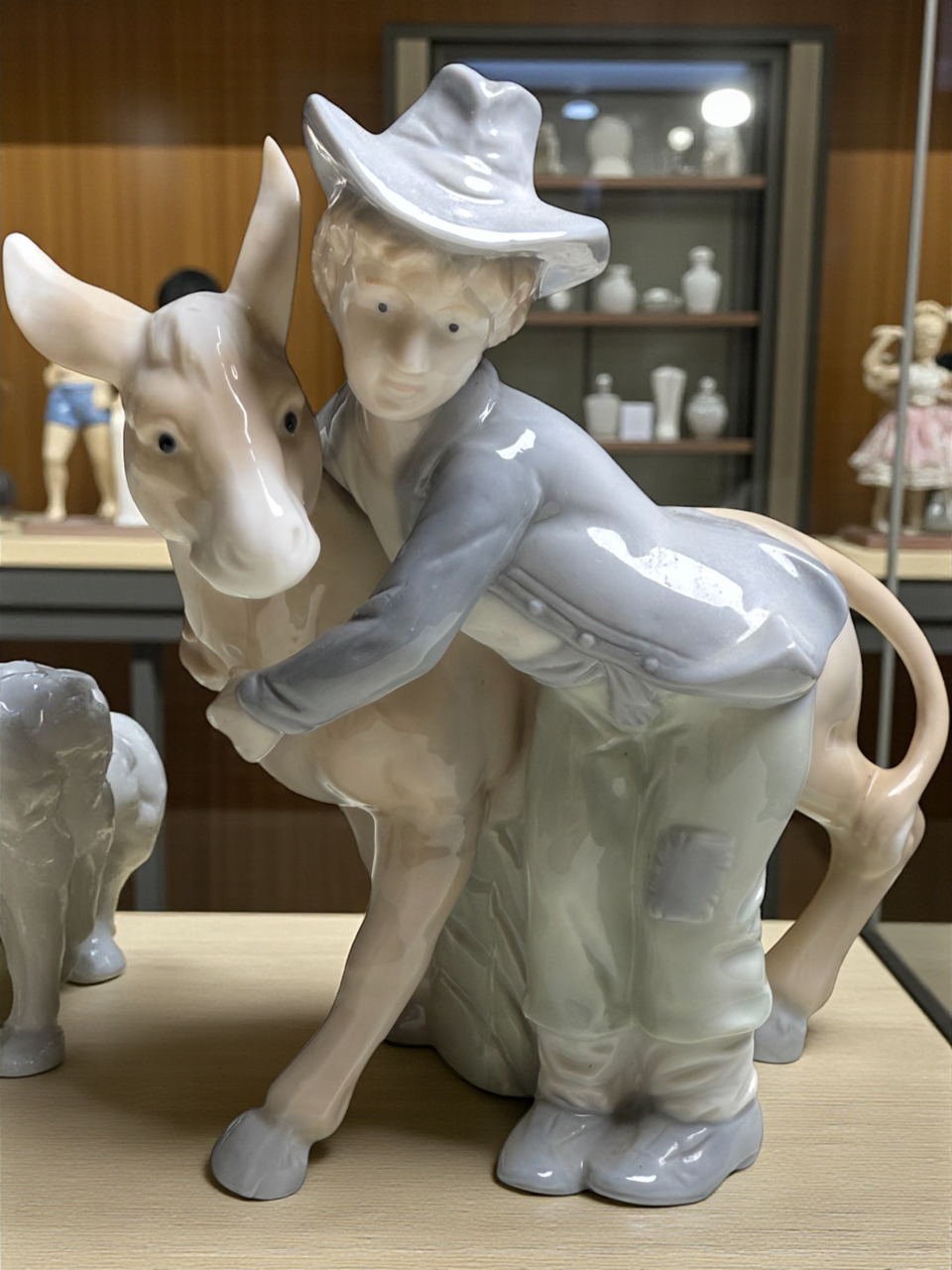 Vintage Porcelain Figurine Boy Hugging Donkey | Glazed Ceramic Farmhouse Figurine Rustic Country Décor Collectible