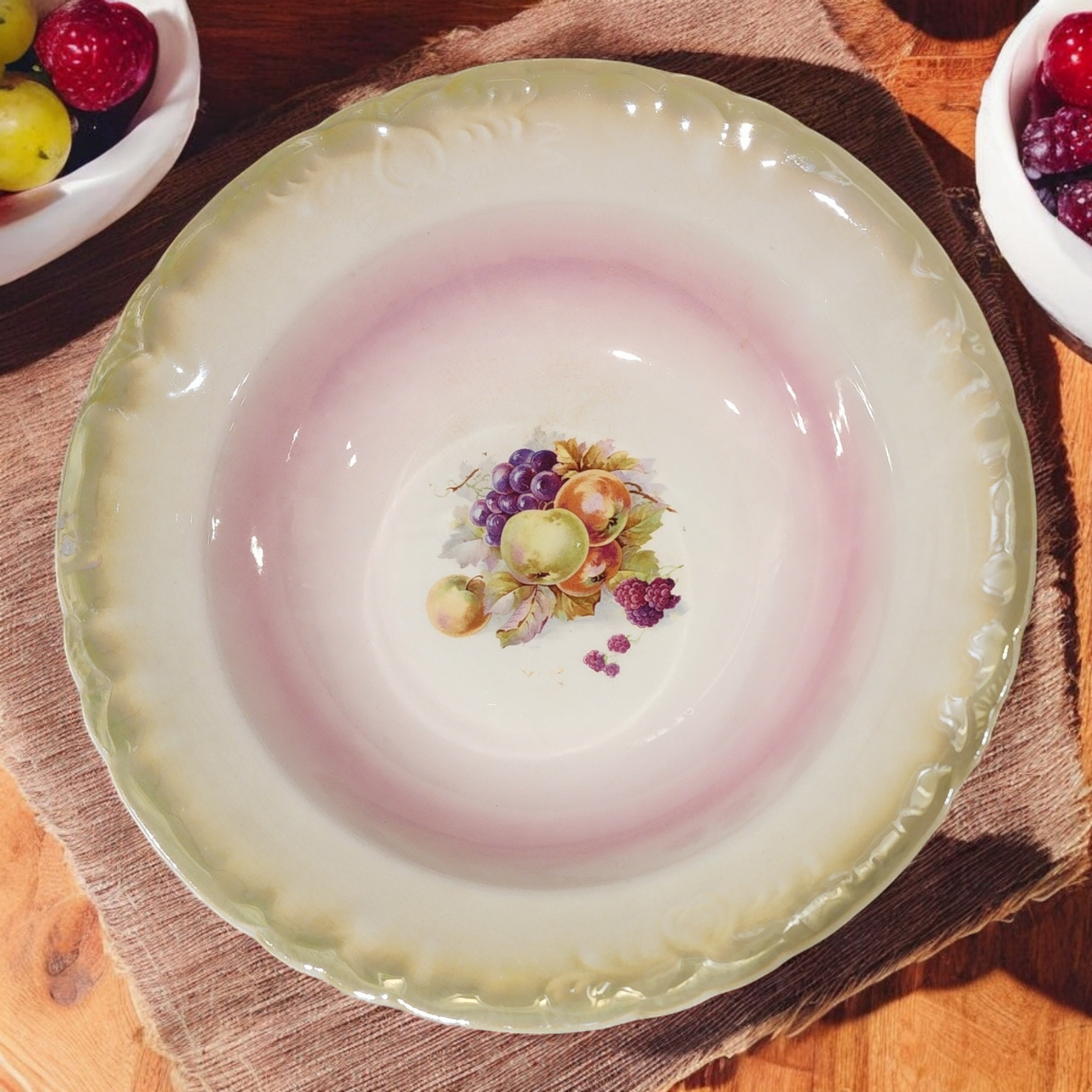 Vintage Porcelain Fruit Bowl Pink Ombre Scalloped Edge with Embossed Rim & Fruit Center Design 1920s–1940s Antique Serving Bowl