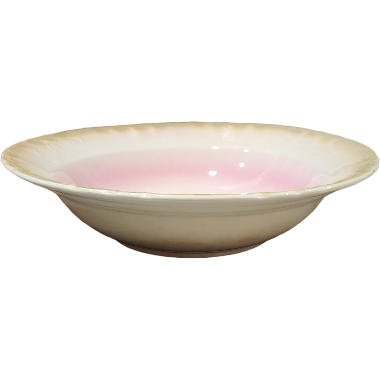 Vintage Porcelain Fruit Bowl Pink Ombre Scalloped Edge with Embossed Rim & Fruit Center Design 1920s–1940s Antique Serving Bowl