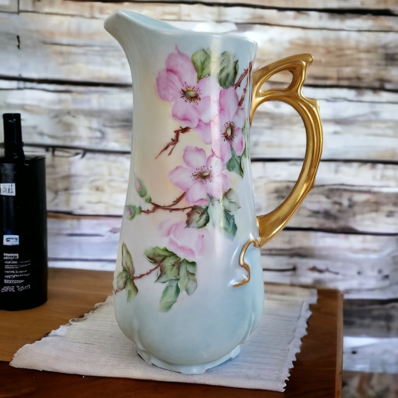 Vintage Porcelain Hand Painted Flowers Decorative Jug Pitcher Gold Handle Signed