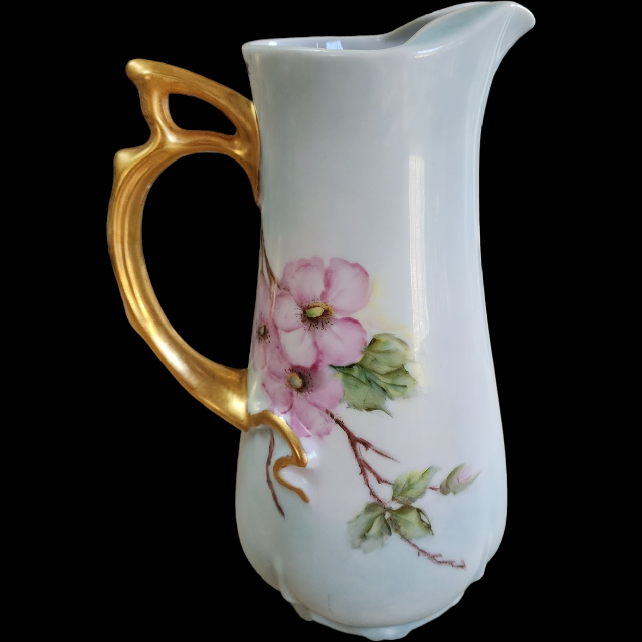 Vintage Porcelain Hand Painted Flowers Decorative Jug Pitcher Gold Handle Signed