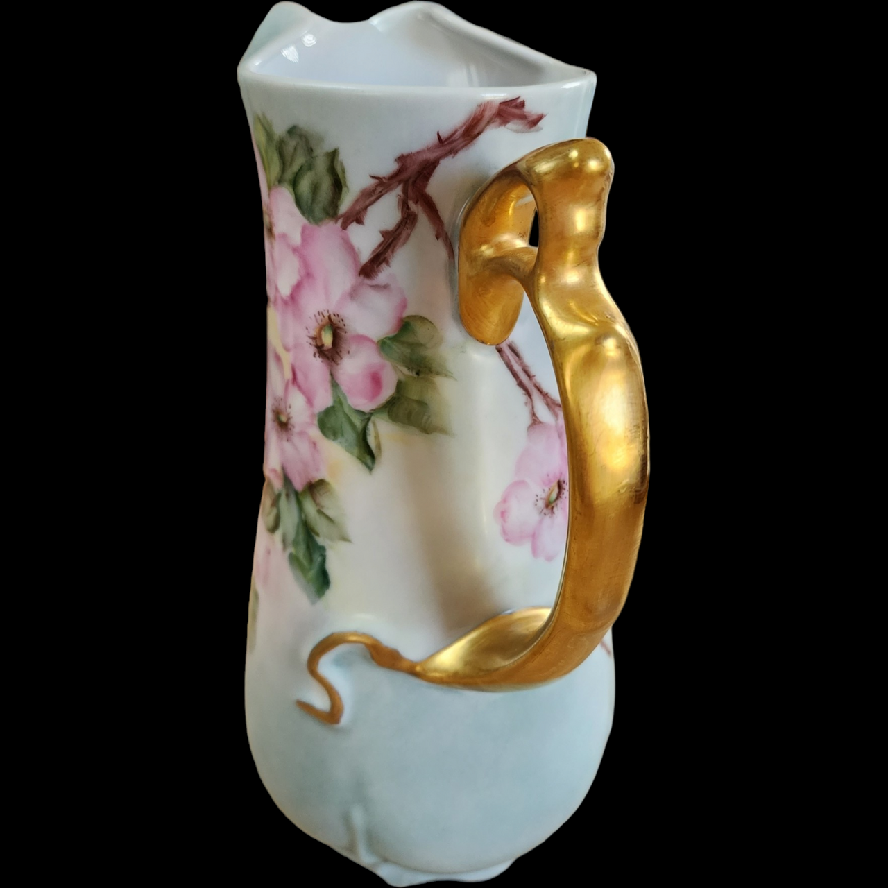Vintage Porcelain Hand Painted Flowers Decorative Jug Pitcher Gold Handle Signed