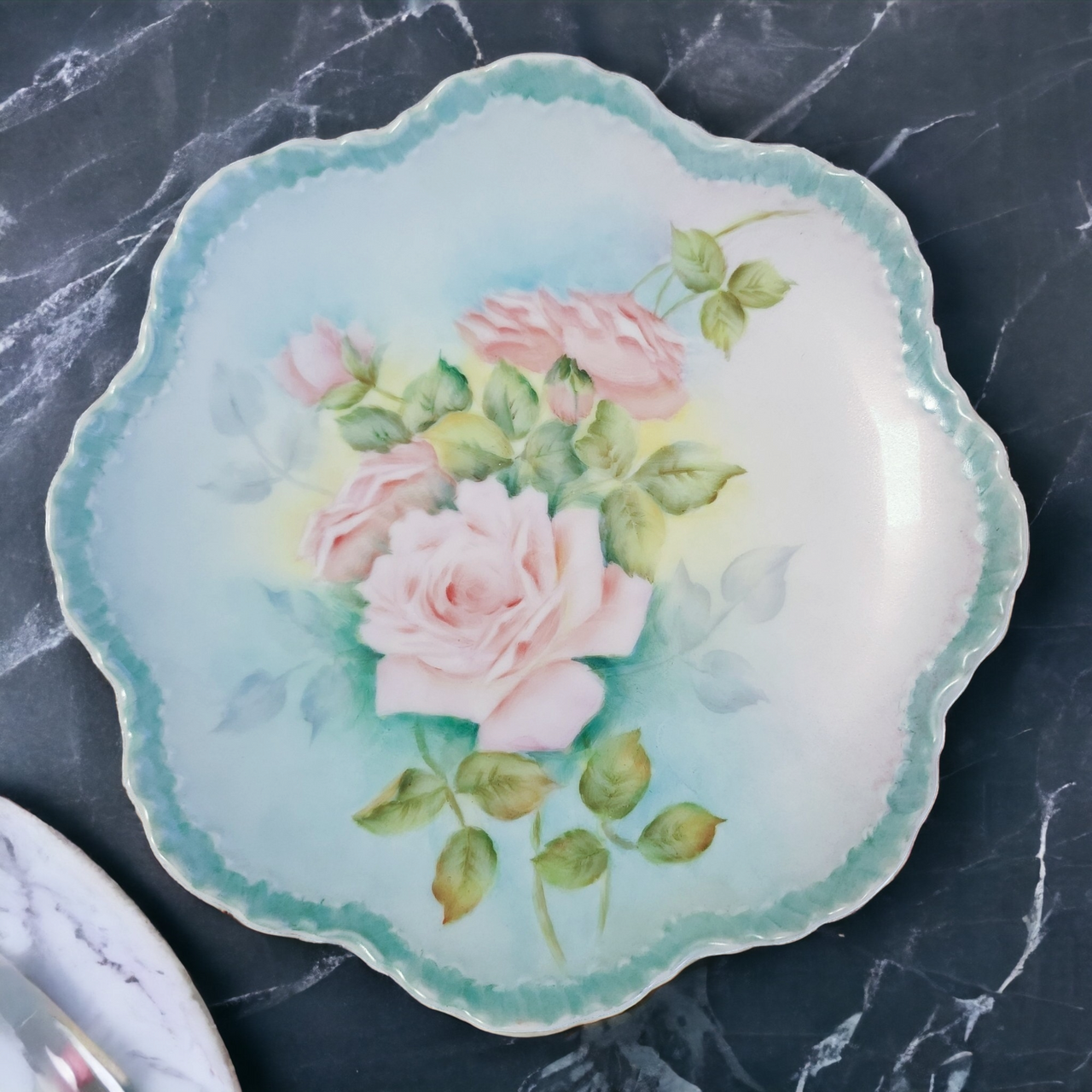Vintage Porcelain Hand Painted Roses Floral Pattern Cabinet Plate