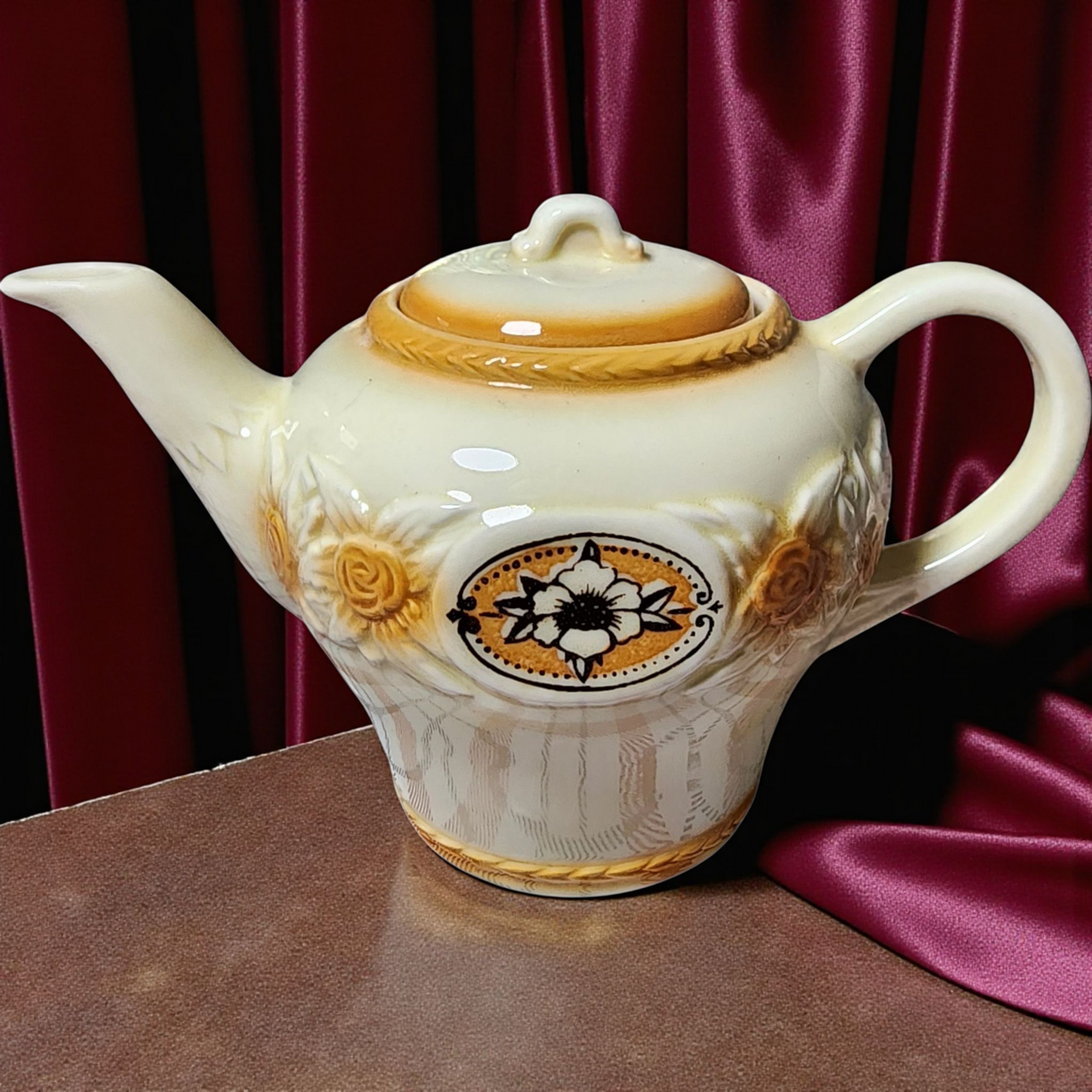 Vintage Porcelier Vitreous China Teapot with Lid Raised Lattice & Brown Rose Transfer Mid Century Kitchen Collectible