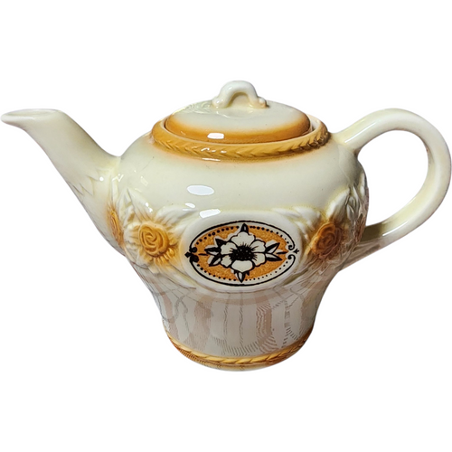 Vintage Porcelier Vitreous China Teapot with Lid Raised Lattice & Brown Rose Transfer Mid Century Kitchen Collectible