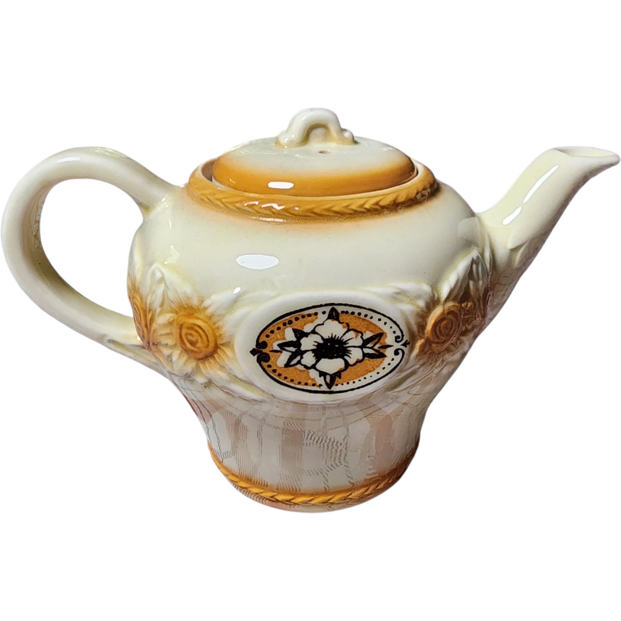 Vintage Porcelier Vitreous China Teapot with Lid Raised Lattice & Brown Rose Transfer Mid Century Kitchen Collectible