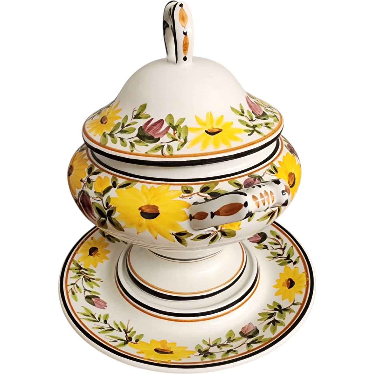 Vintage Portuguese S.A. Leart Ceramic Tureen with Lid & Underplate Pand-Painted Sunflowers
