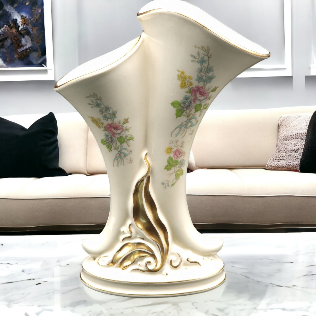 Vintage Princeton Double Cornucopia Vase P195 Cream Floral Design Gold Trimmed