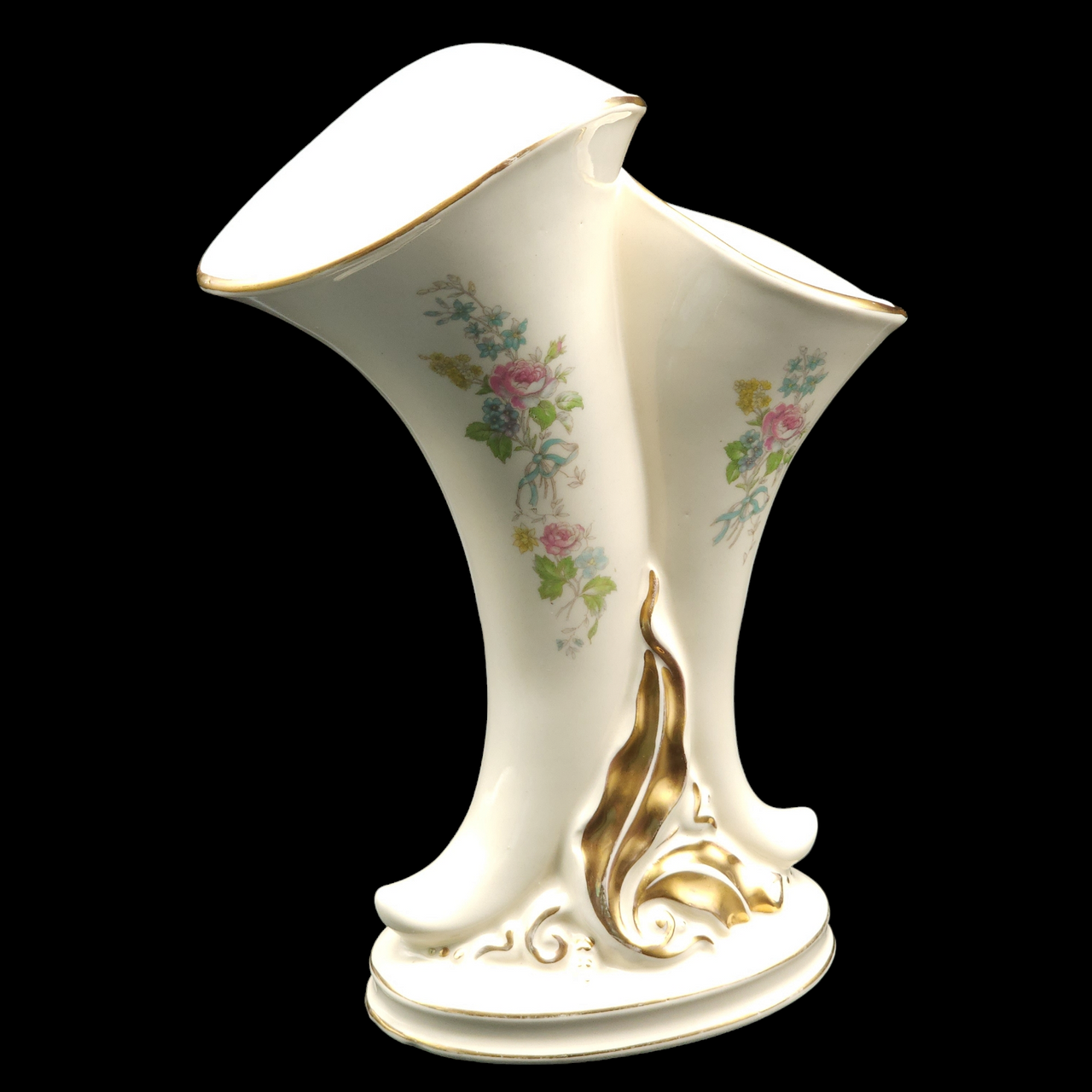 Vintage Princeton Double Cornucopia Vase P195 Cream Floral Design Gold Trimmed