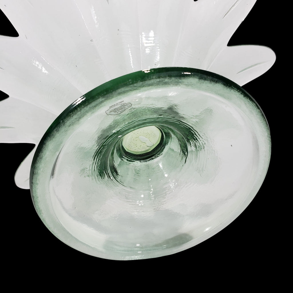 Vintage Recycled Glass Pedestal Bowl Large Green Flower Petal Design Handcrafted in Spain