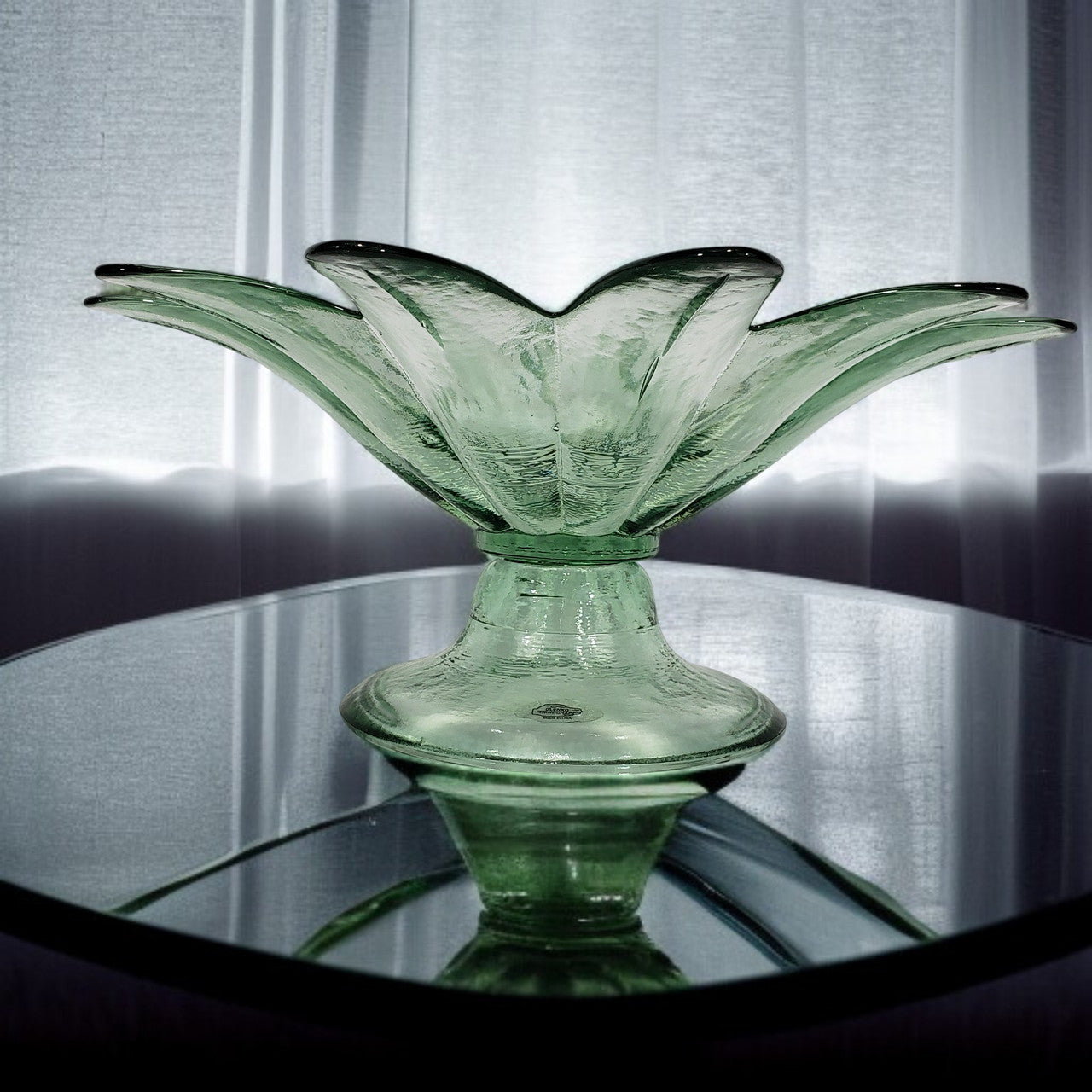 Vintage Recycled Glass Pedestal Bowl Large Green Flower Petal Design Handcrafted in Spain