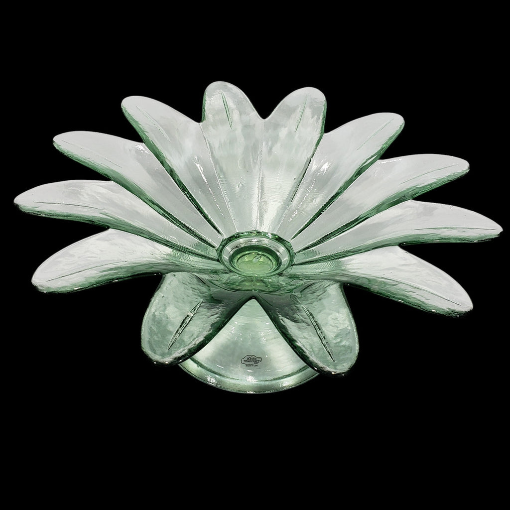 Vintage Recycled Glass Pedestal Bowl Large Green Flower Petal Design Handcrafted in Spain