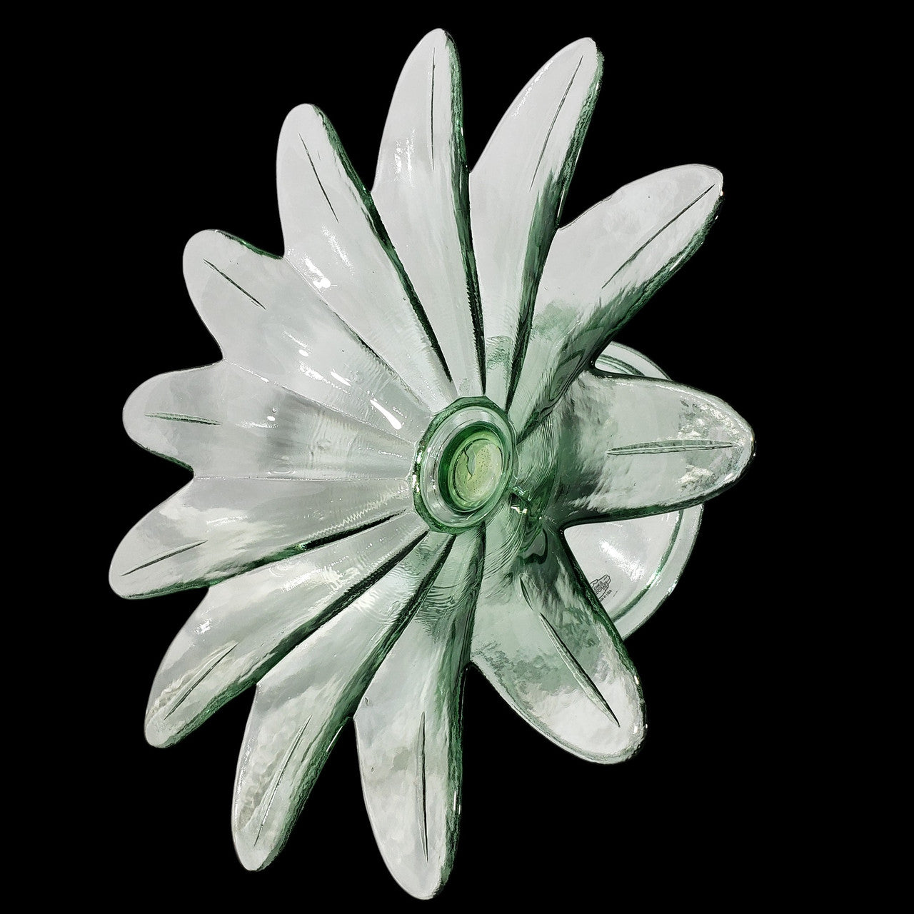 Vintage Recycled Glass Pedestal Bowl Large Green Flower Petal Design Handcrafted in Spain