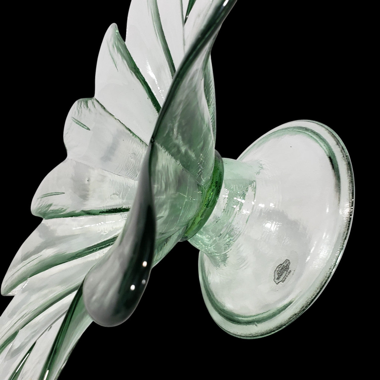 Vintage Recycled Glass Pedestal Bowl Large Green Flower Petal Design Handcrafted in Spain