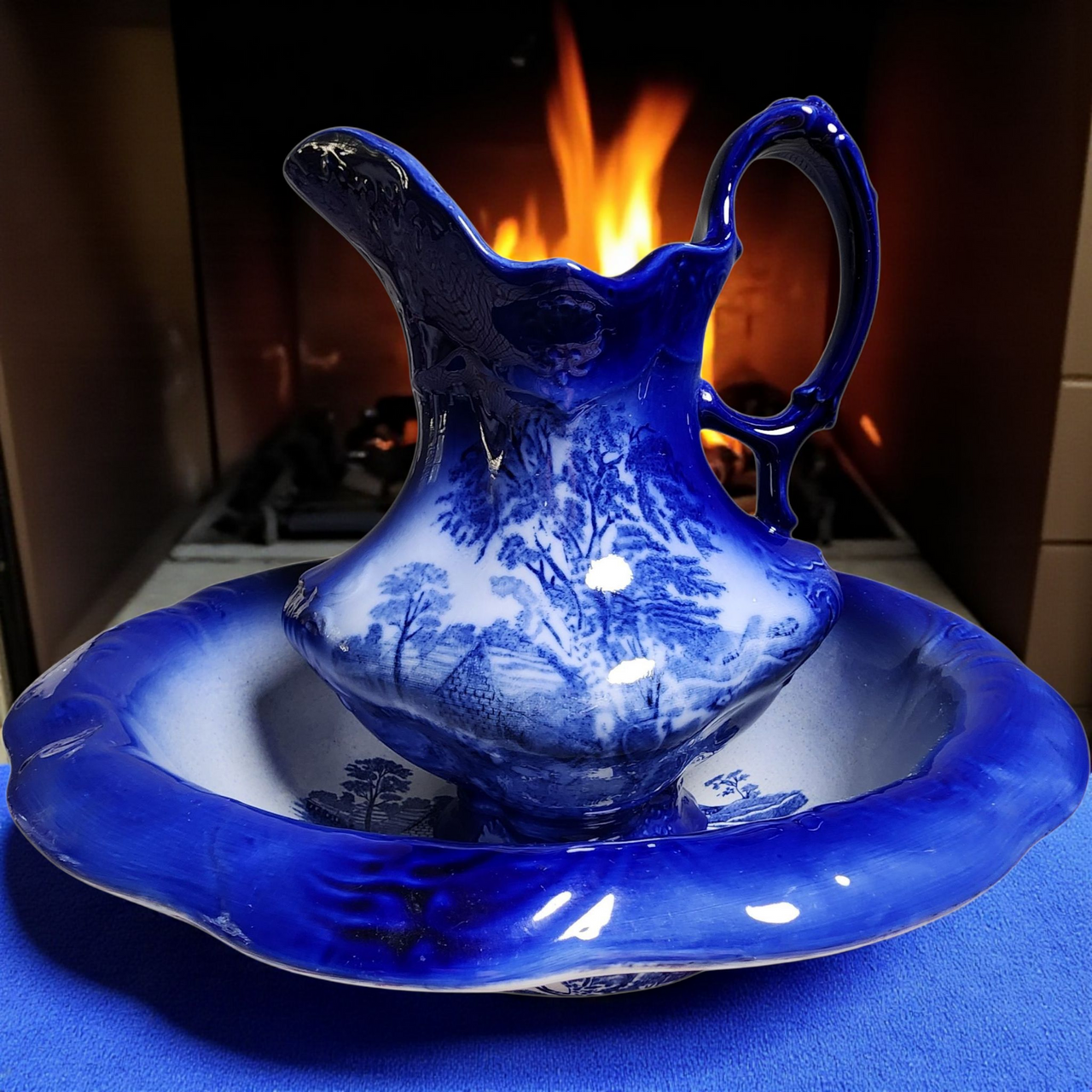 Vintage Royal Crownford Ironstone Pitcher & Wash Basin Set Homestead Flow Blue Transferware England