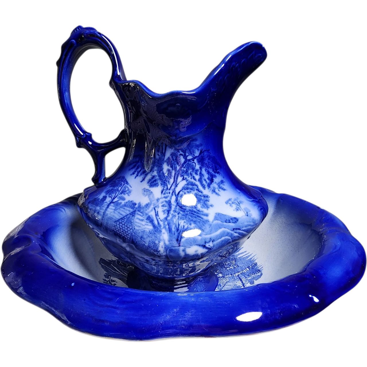Vintage Royal Crownford Ironstone Pitcher & Wash Basin Set Homestead Flow Blue Transferware England