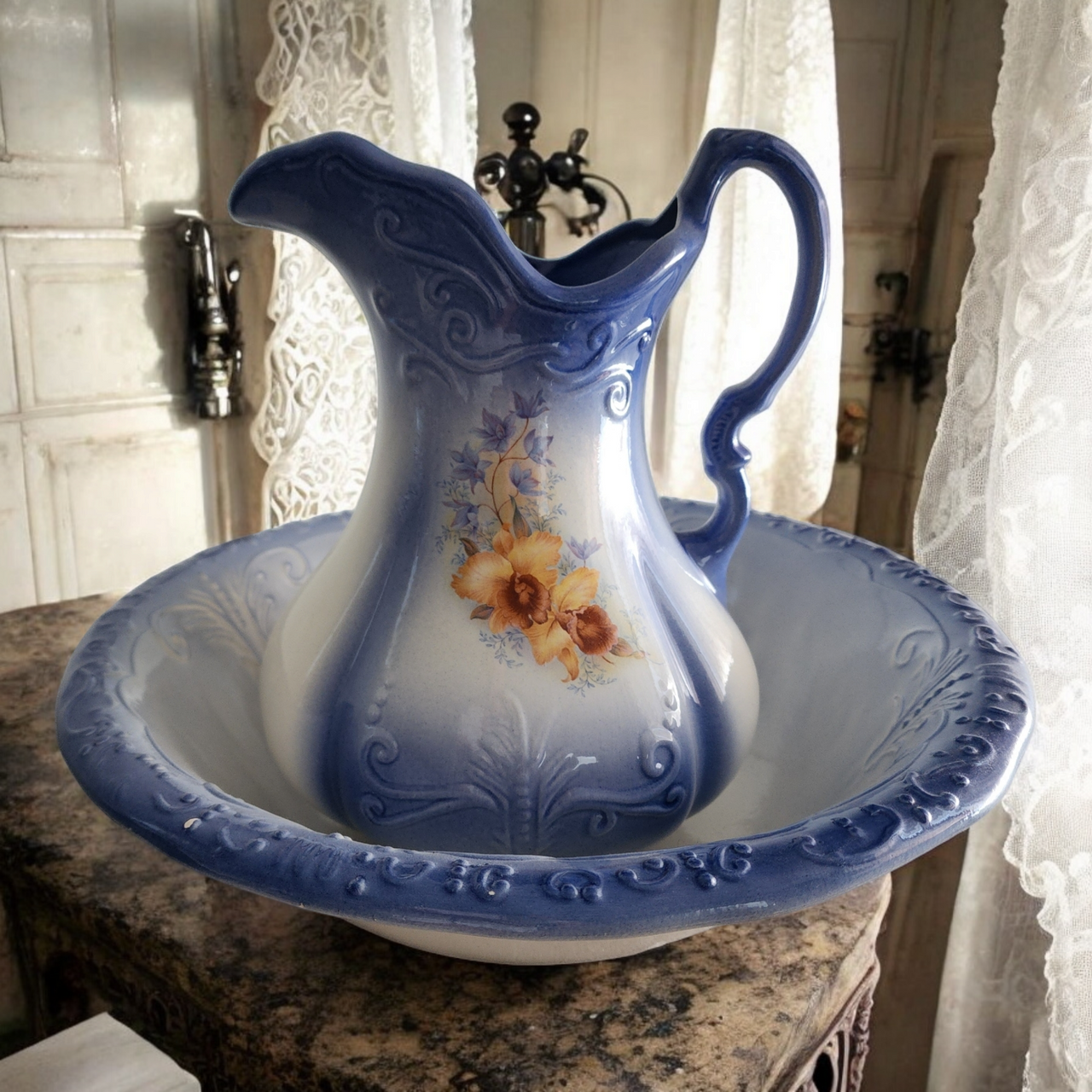 Vintage Royal Crownford Ironstone Staffordshire England Blue & White Wash Basin & Pitcher Set – Floral Transferware, Circa 1960s