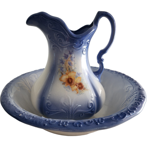 Vintage Royal Crownford Ironstone Staffordshire England Blue & White Wash Basin & Pitcher Set – Floral Transferware, Circa 1960s