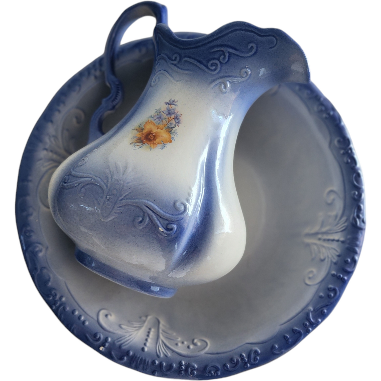 Vintage Royal Crownford Ironstone Staffordshire England Blue & White Wash Basin & Pitcher Set – Floral Transferware, Circa 1960s