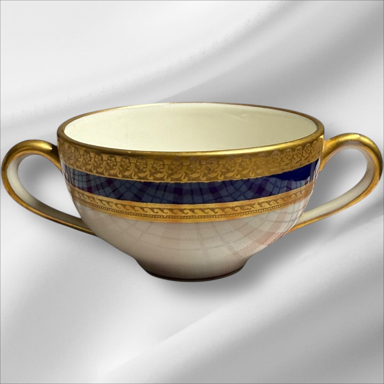 Vintage Scammell Lamberton Ivory China Double Handle Soup Bowl Gold Trim, Made in America