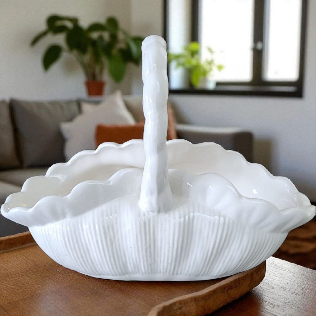 Vintage Signed White Ceramic Basket Handmade Scalloped Pottery w Twisted Handle Evelyn T. 1990)