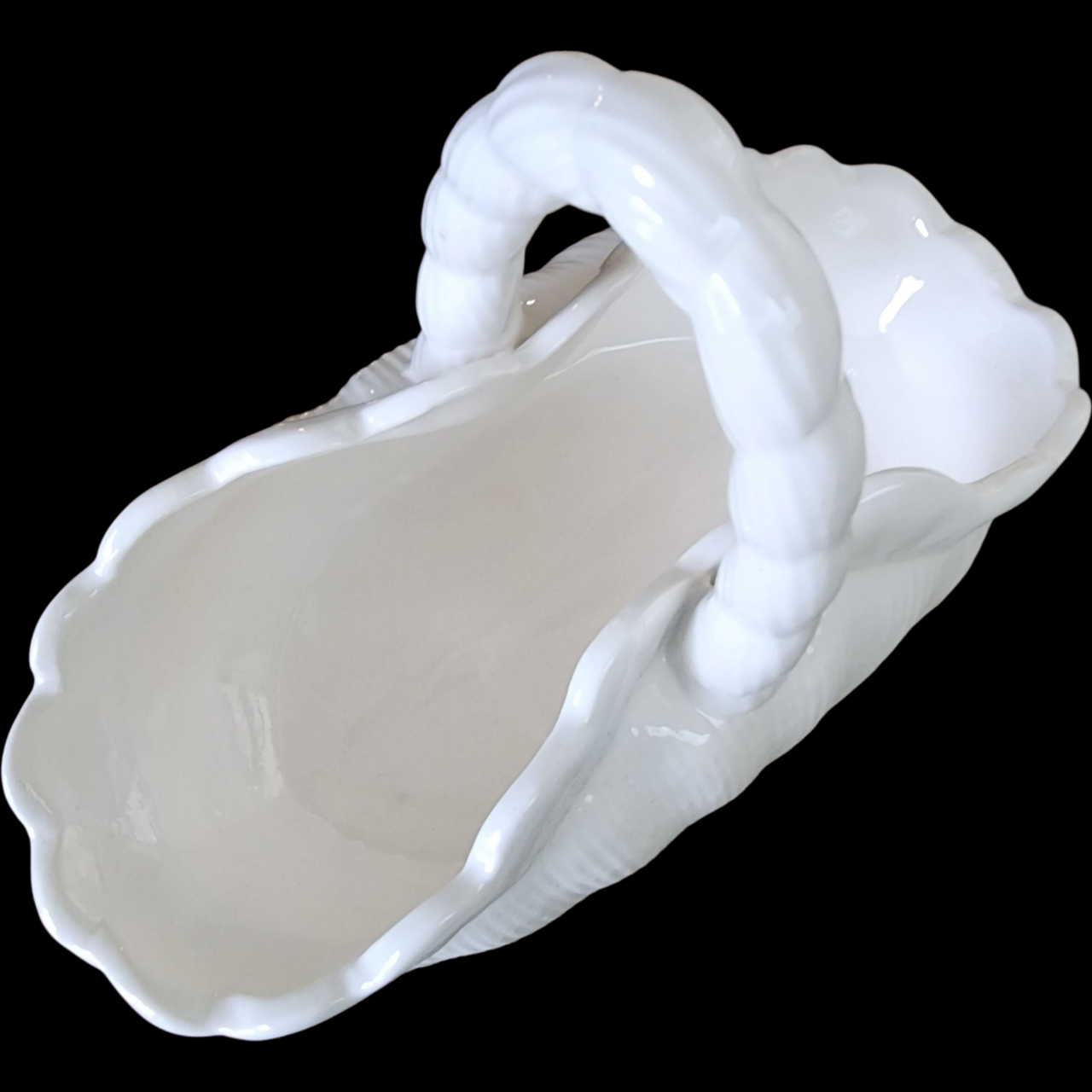 Vintage Signed White Ceramic Basket Handmade Scalloped Pottery w Twisted Handle Evelyn T. 1990)