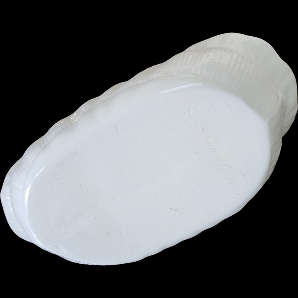 Vintage Signed White Ceramic Basket Handmade Scalloped Pottery w Twisted Handle Evelyn T. 1990)