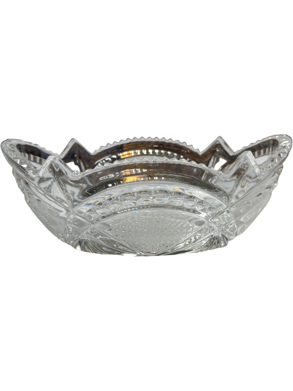 Vintage Soviet Hand Made Crystal Oval Bowl – Starburst & Diamond Cut Design – Marked U.S.S.R.