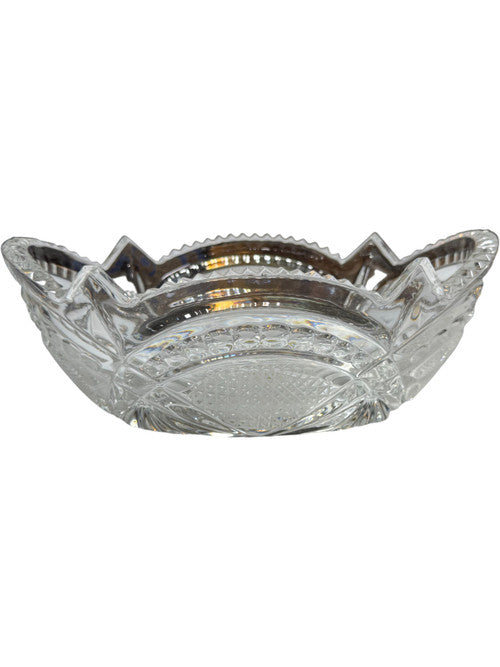 Vintage Soviet Hand Made Crystal Oval Bowl  Starburst & Diamond Cut Design  Marked U.S.S.R.