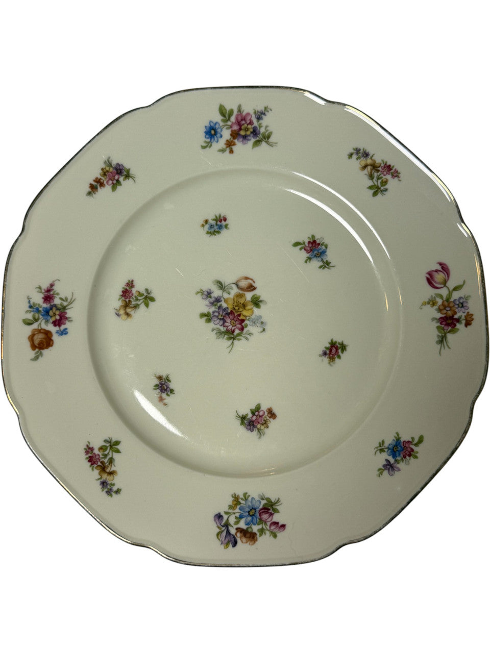 Vintage Tirschenreuth Colwyn Sevres Porcelain Dinner Plates Floral Sprays with Silver Trim Set of 4