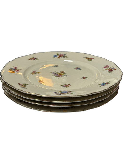 Vintage Tirschenreuth Colwyn Sevres Porcelain Dinner Plates Floral Sprays with Silver Trim Set of 4