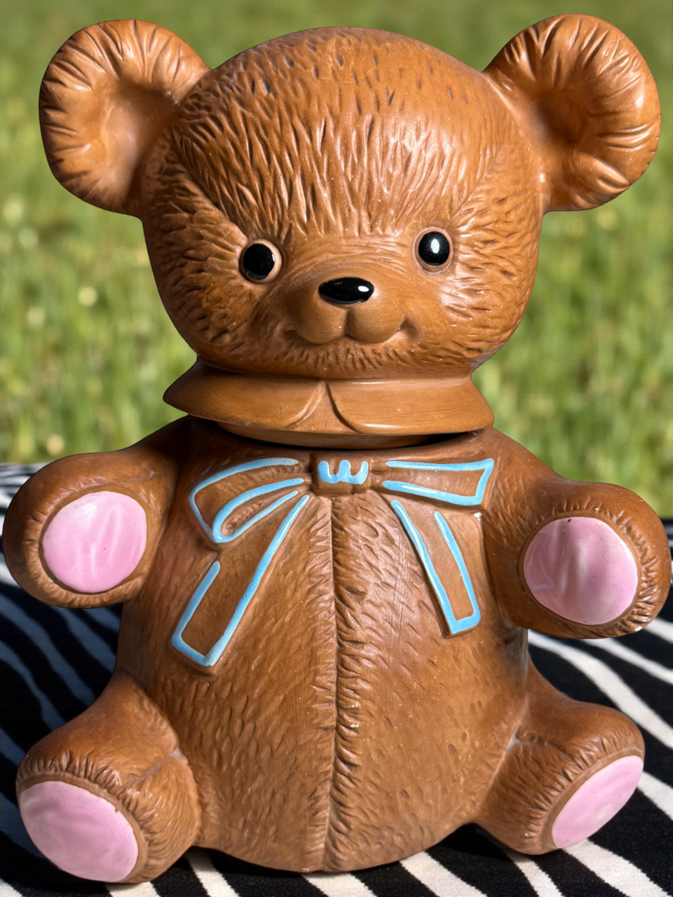 Vintage Twin Winton Teddy Bear Cookie Jar USA Mid Century Pottery, Brown Bear with Pink Paws & Blue Bow Collectible Ceramic Kitchenware