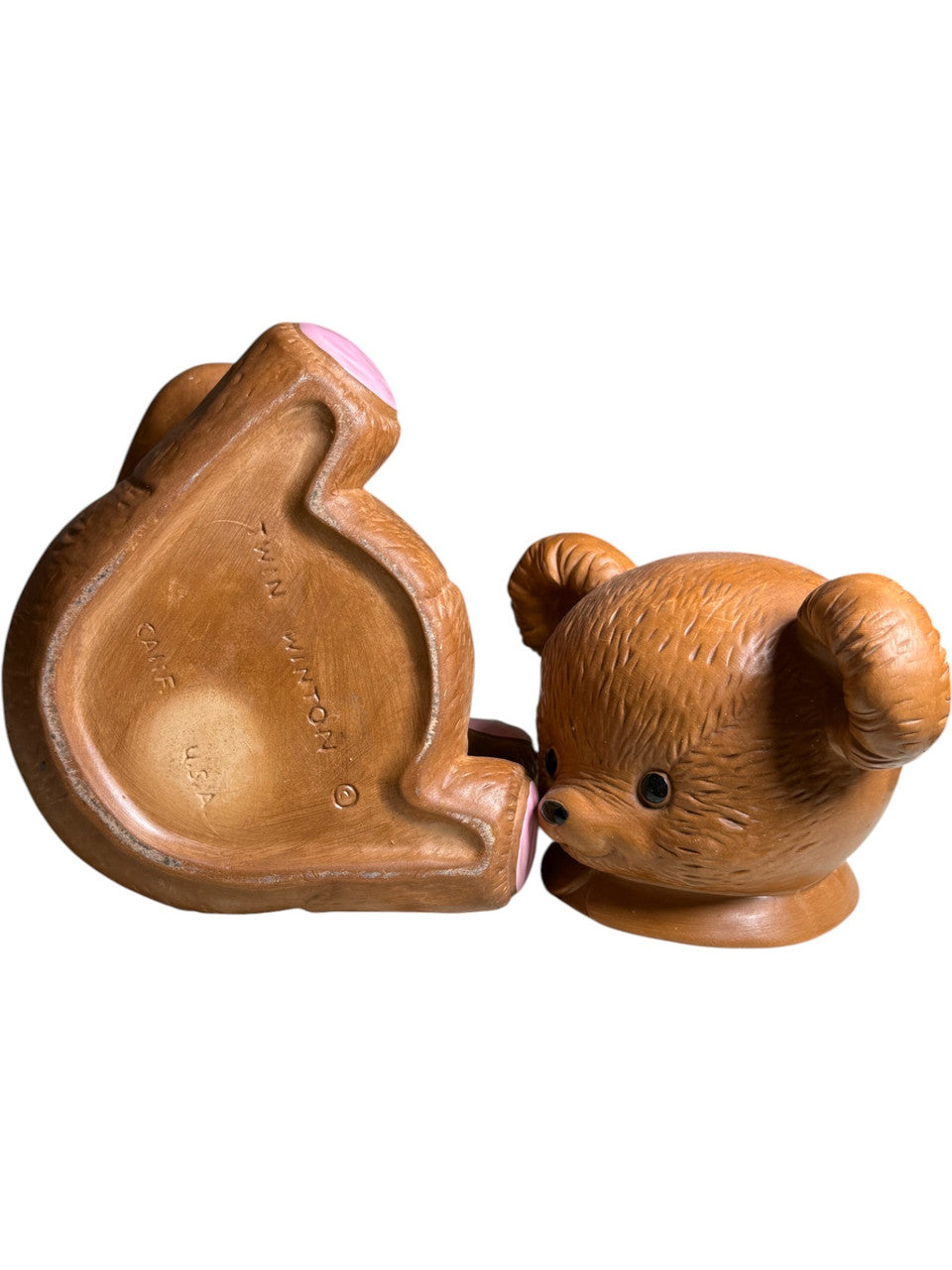 Vintage Twin Winton Teddy Bear Cookie Jar USA Mid Century Pottery, Brown Bear with Pink Paws & Blue Bow Collectible Ceramic Kitchenware