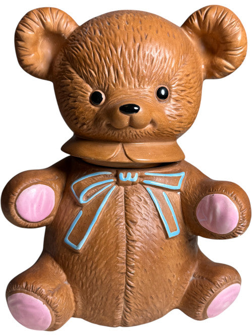 Vintage Twin Winton Teddy Bear Cookie Jar USA Mid Century Pottery, Brown Bear with Pink Paws & Blue Bow Collectible Ceramic Kitchenware
