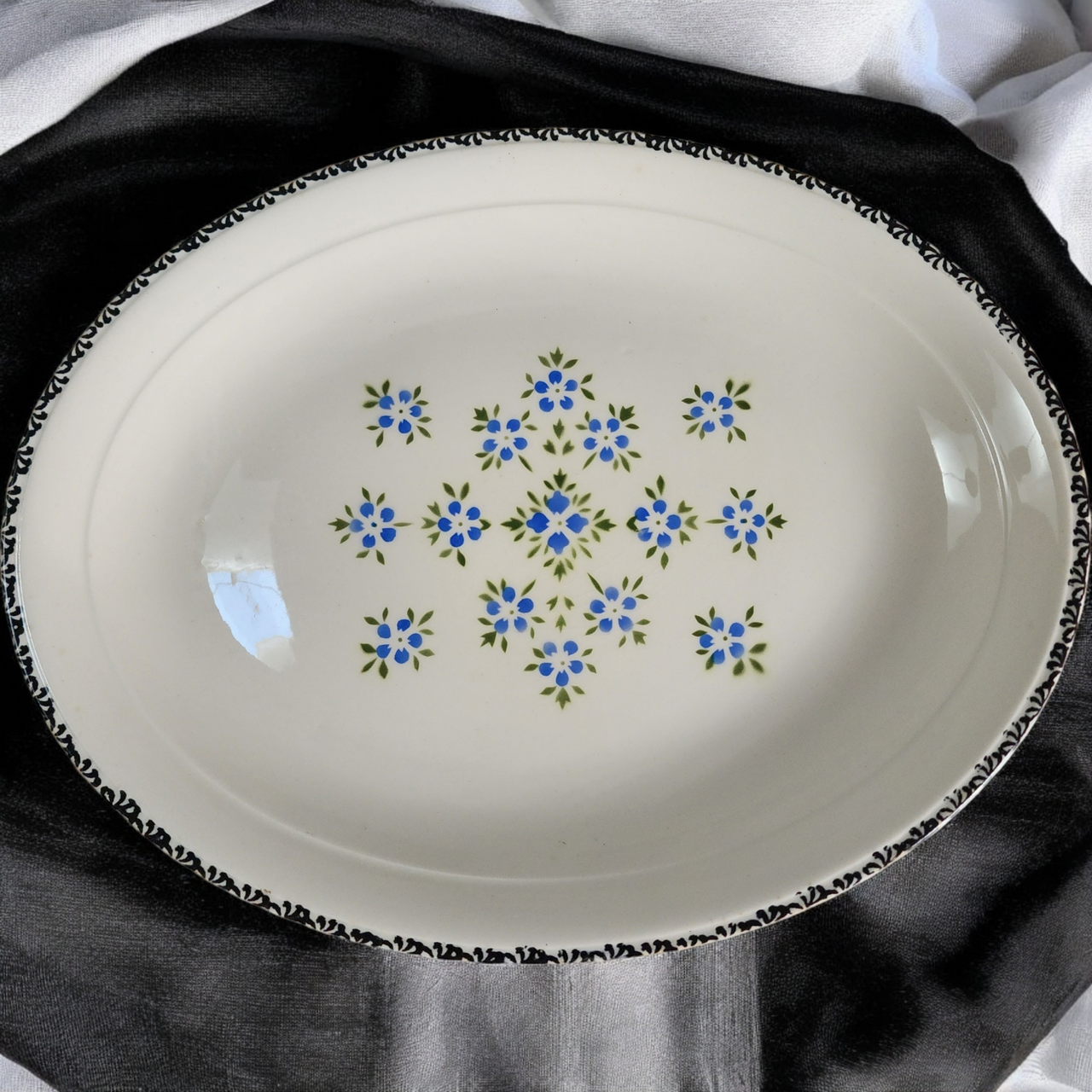 Vintage Limoges USA Ceramics Oval Serving Platter Blue Daisy Floral with Black Scroll Rim, Mid-Century