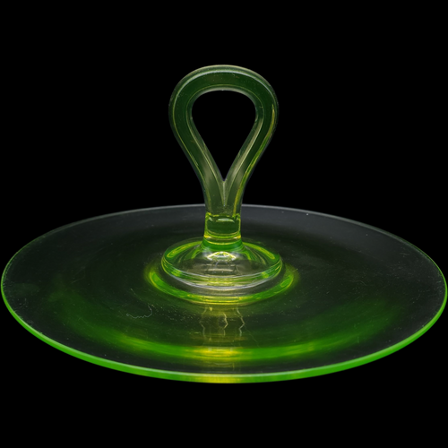 Vintage Uranium Green Depression Glass Tidbit Tray Loop Handle, 1930s