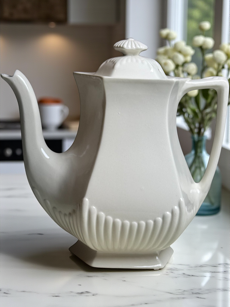 Vintage W. Adams & Sons Micratex White Ironstone Teapot English Hexagonal Ironstone Teapot with Lid Antique Staffordshire Pottery Mid-Century Tea Pot