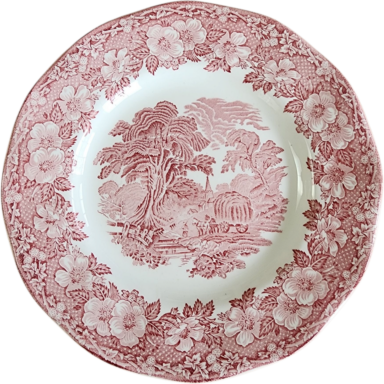 Vintage Wedgwood Enoch Woodland Red Transferware Plate England Ironstone, Floral & Pastoral Scene 10"