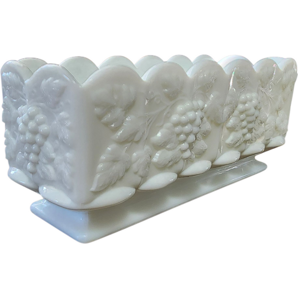 Authentic Westmoreland Milk Glass Box Planter | Embossed Grapes & Leaves | Mid Century Retro Kitchen or Table Décor