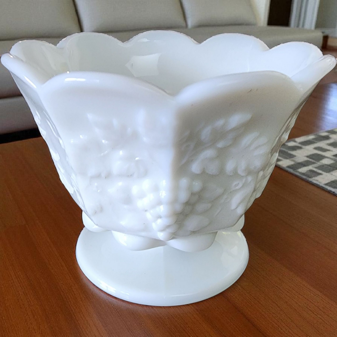 Vintage Westmoreland Paneled Grape Milk Glass Vase Scalloped Rim Flower Pot