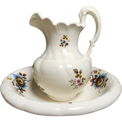 Vintage White Ceramic Pitcher & Wash Basin Bowl Set – Hand-Painted Floral Sunflower Motif Farmhouse Cottage Decor