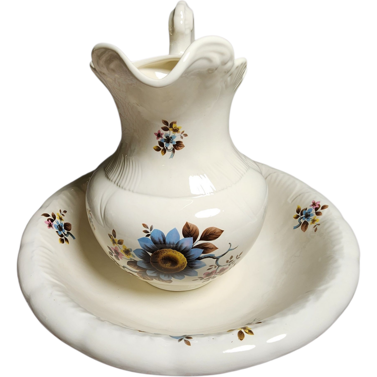 Vintage White Ceramic Pitcher & Wash Basin Bowl Set – Hand-Painted Floral Sunflower Motif Farmhouse Cottage Decor