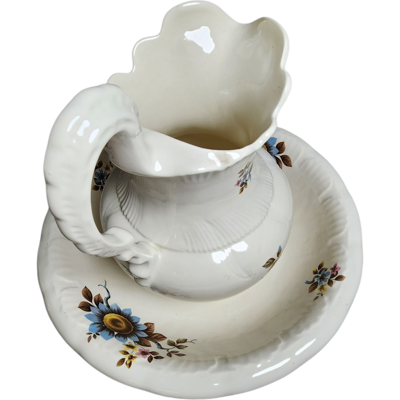 Vintage White Ceramic Pitcher & Wash Basin Bowl Set – Hand-Painted Floral Sunflower Motif Farmhouse Cottage Decor