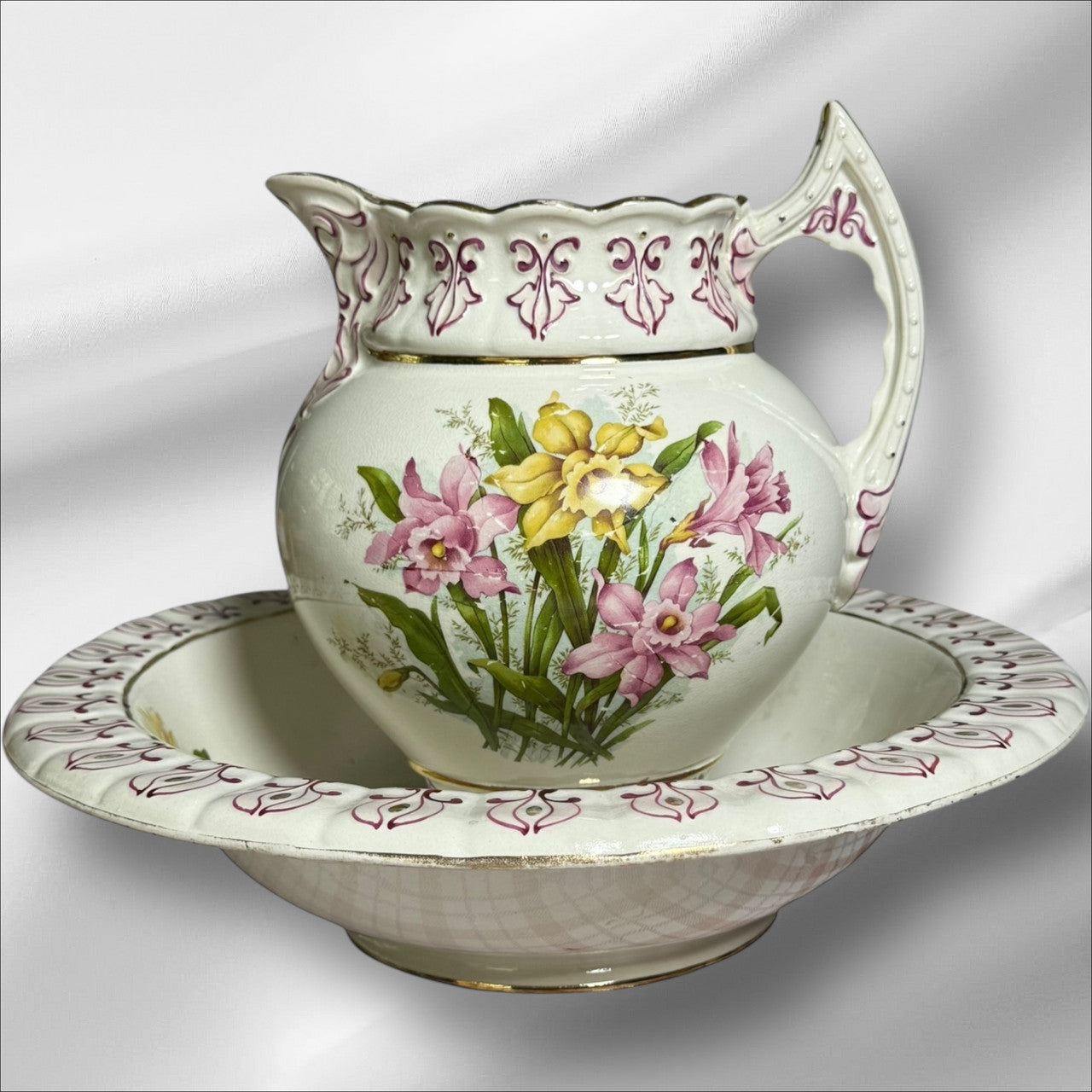 Vintage White Ceramic Pitcher & Wash Basin Bowl Set Hand-Painted Floral Sunflower Motif Farmhouse Decor