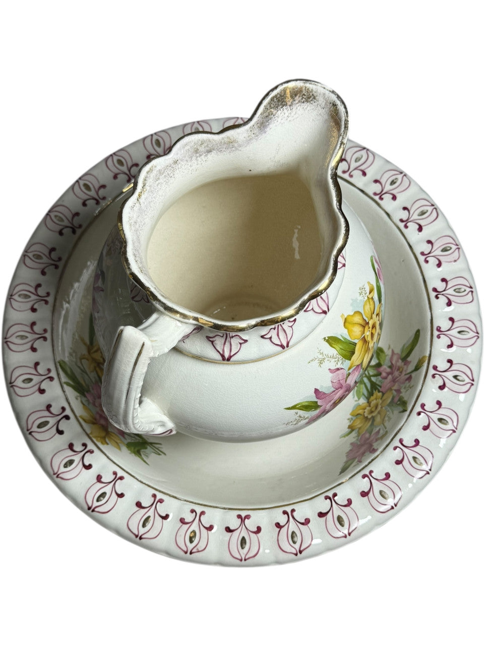 Vintage White Ceramic Pitcher & Wash Basin Bowl Set Hand-Painted Floral Sunflower Motif Farmhouse Decor